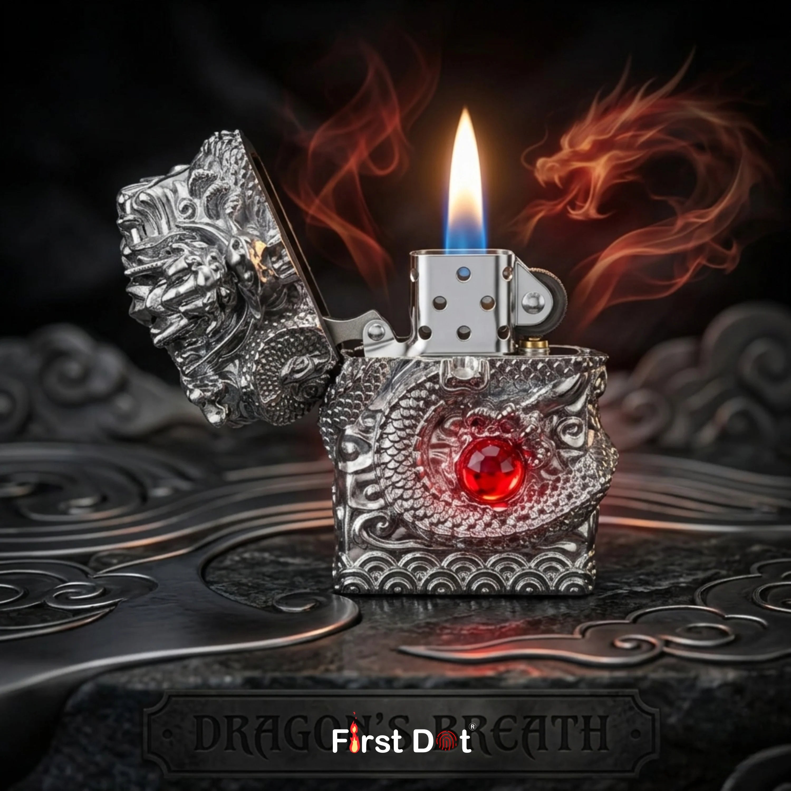 Vintage Cigarette lighter with dragon design and red gem on a dark background