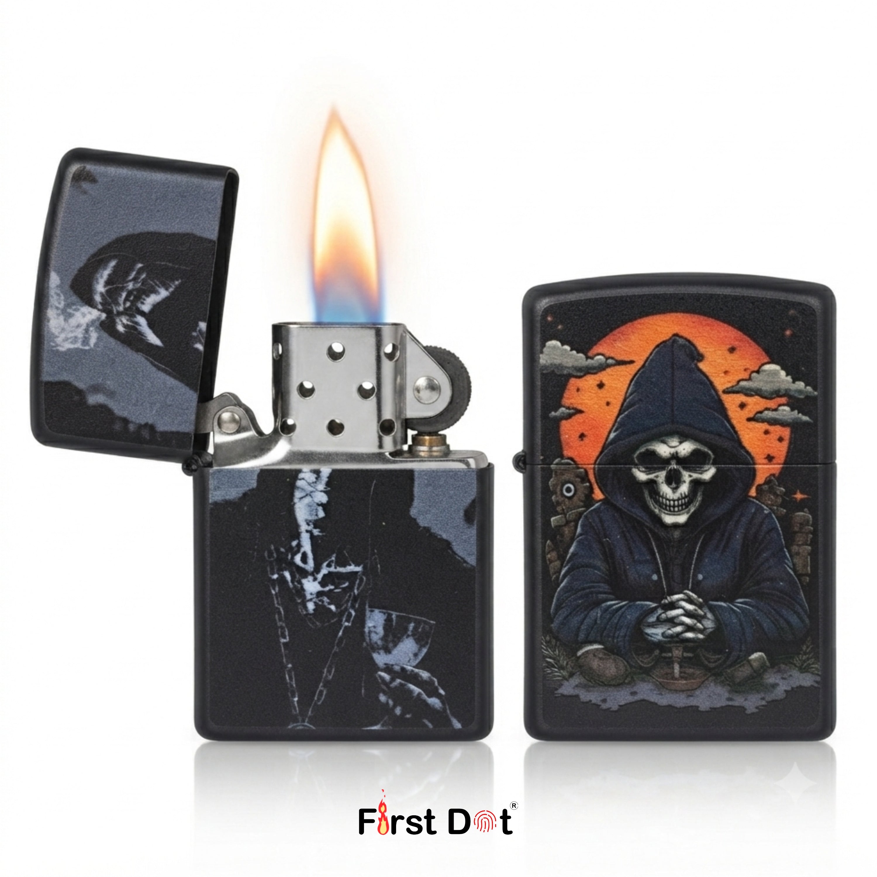 A black metal lighter shown in two views on a white background: one open with a flame lit and one closed. The closed view shows a grim reaper skull in a dark hood against an orange full moon.