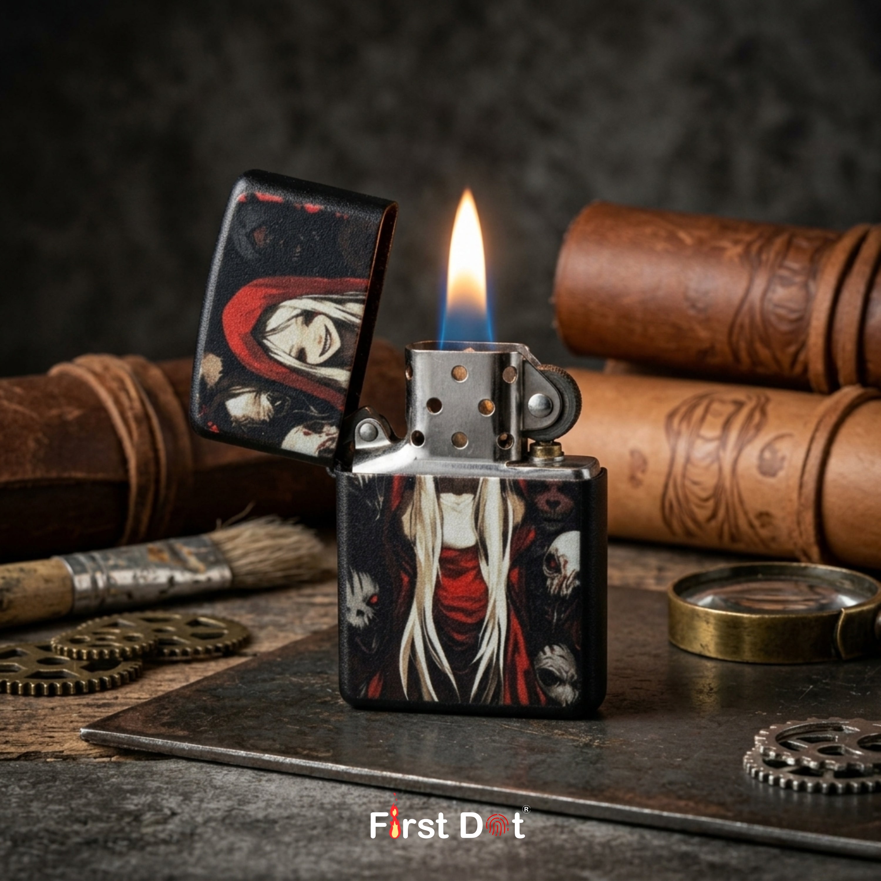 First Dot Gothic Red Hood Windproof Cigarette Lighter