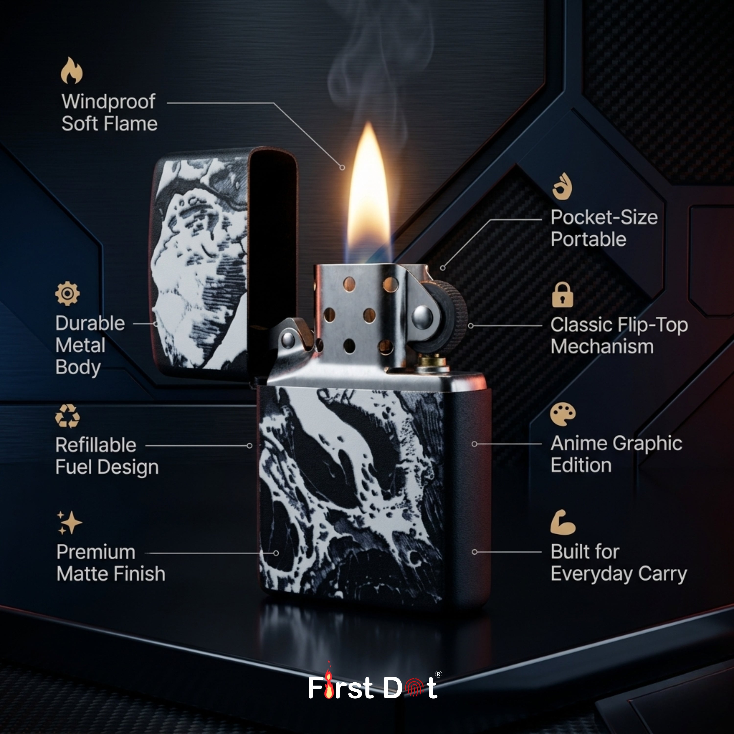 First Dot Ink-Art Skull Windproof Cigarette Lighter