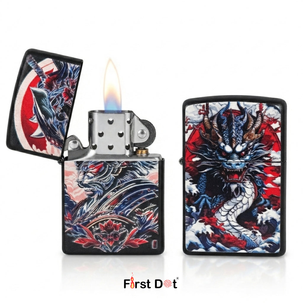 Three views of a Zippo-style lighter with a detailed dragon illustration on a white background. One lighter is shown open with a flame, revealing a brushed silver metal top, and the other two show the front and back of the lighter featuring a red, white, and blue dragon design.