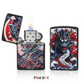 Three views of a Zippo-style lighter with a detailed dragon illustration on a white background. One lighter is shown open with a flame, revealing a brushed silver metal top, and the other two show the front and back of the lighter featuring a red, white, and blue dragon design.