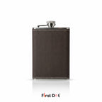 Brown leather flask with silver cap on a white background, branded 'First Dot'.