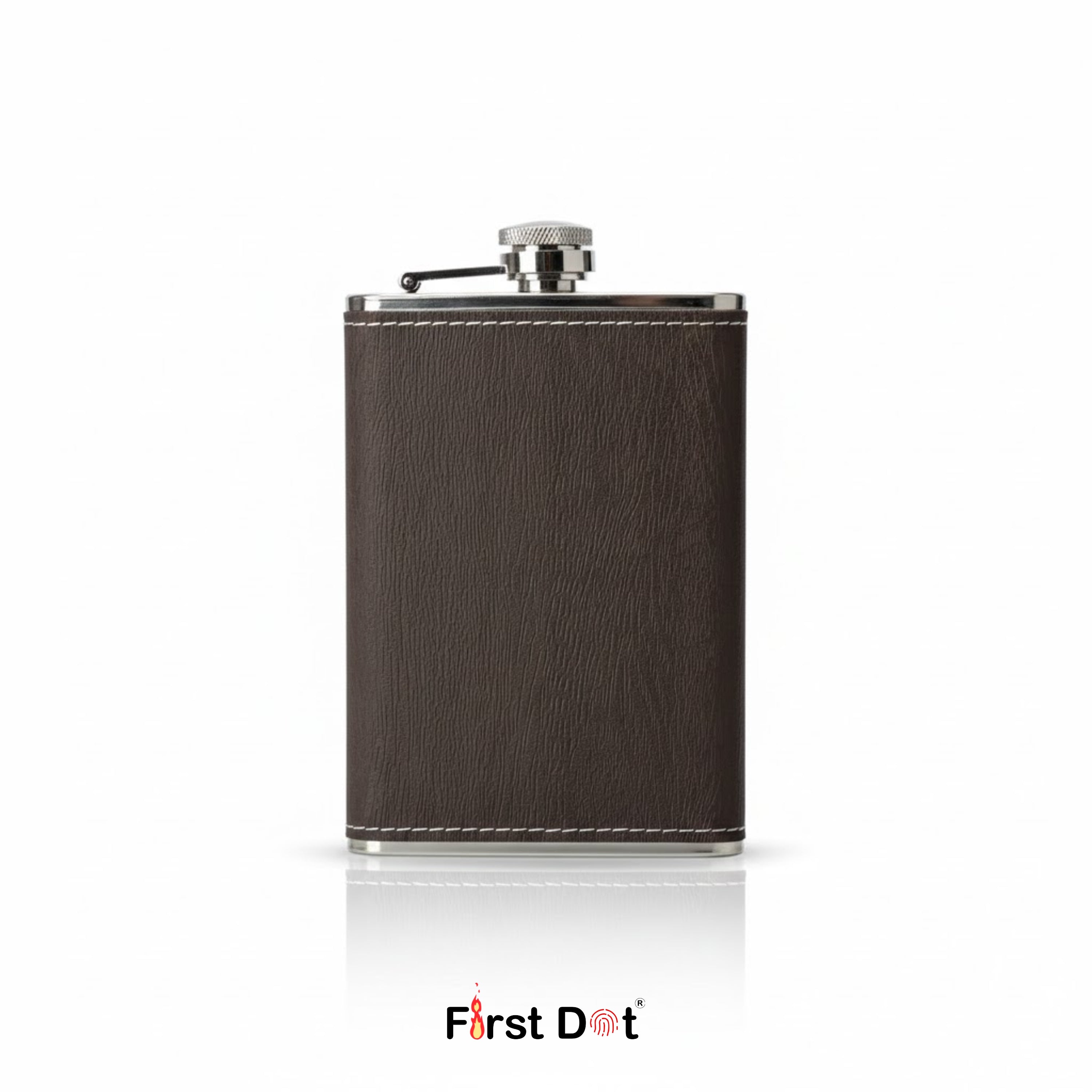 Brown leather flask with silver cap on a white background, branded 'First Dot'.