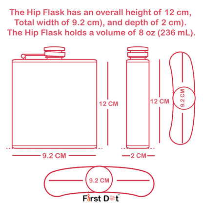 Red line drawing of a hip flask with dimensions and volume information.