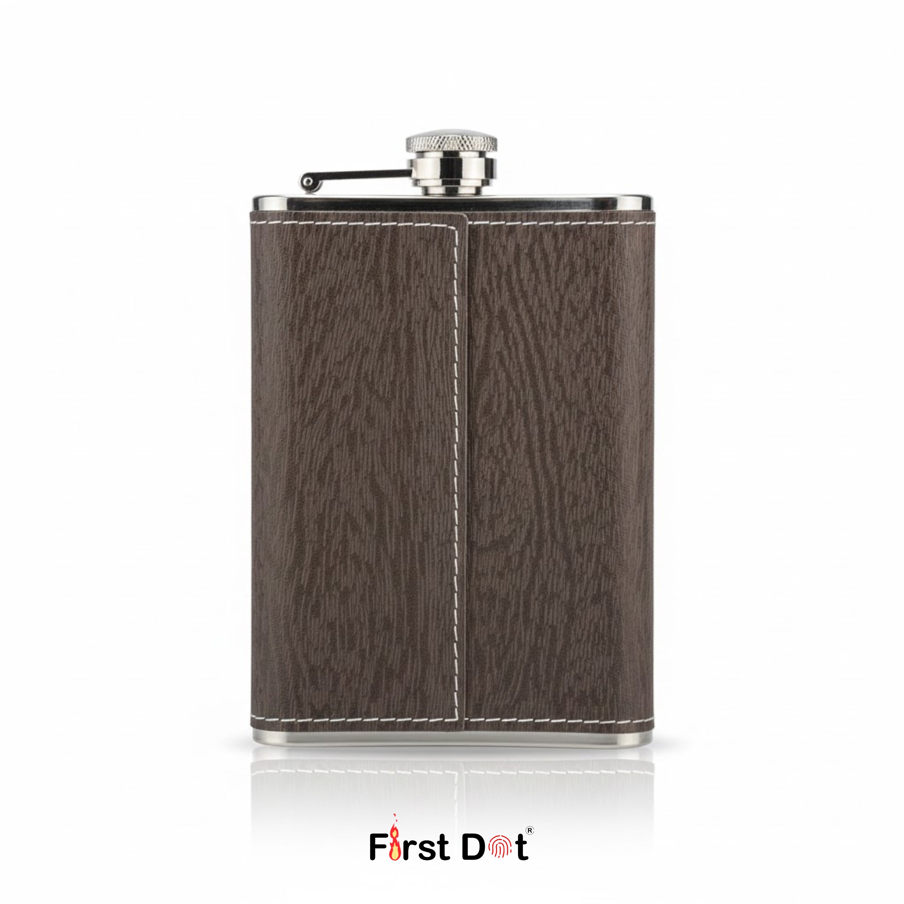 Wooden flask with silver cap on a white background, branded 'First Dot'.