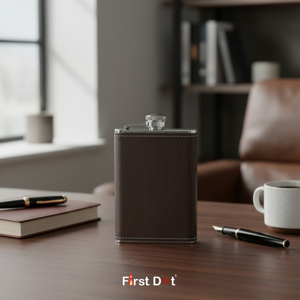 Brown leather flask on a wooden desk with a book, pen, and coffee cup in a home office setting.