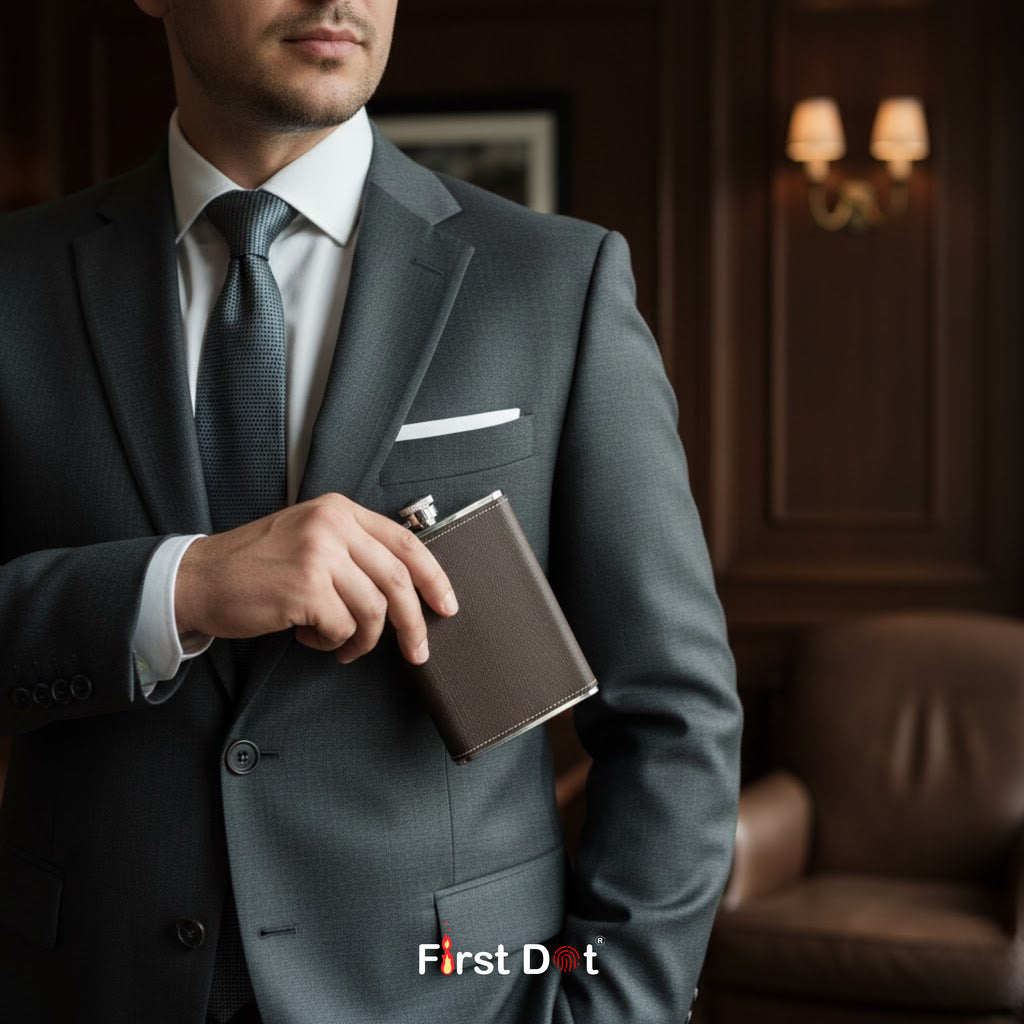 Man in a gray suit holding a brown leather hip flask in hand.