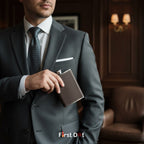 Man in a gray suit holding a brown leather hip flask in hand.