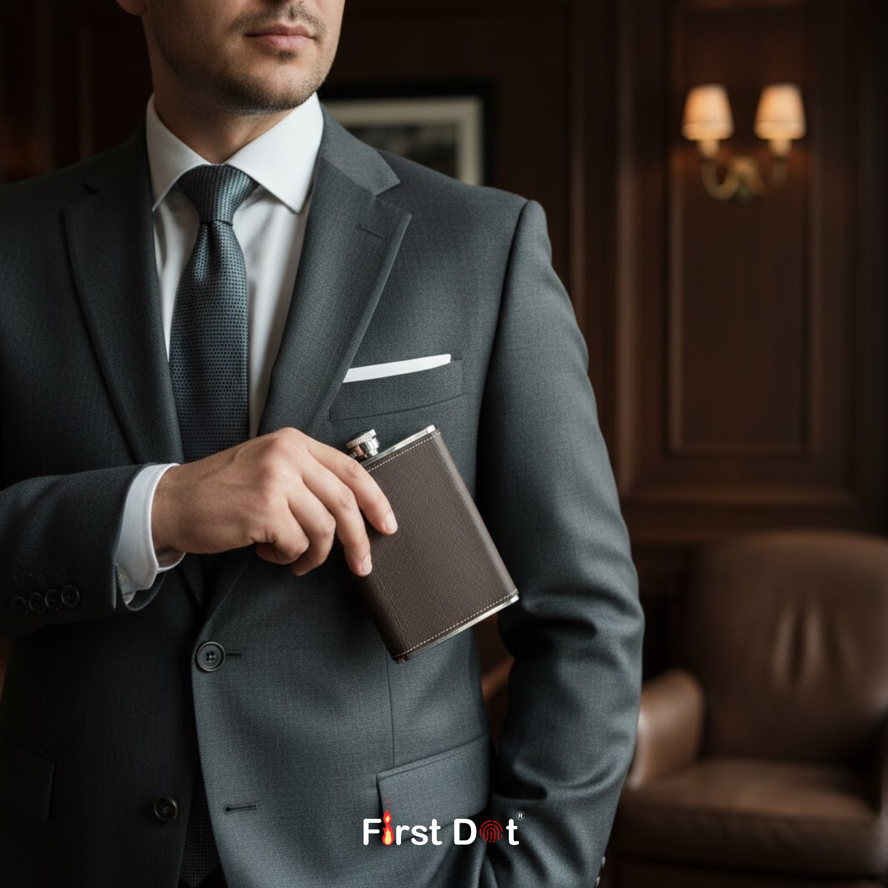 Man in a gray suit holding a brown leather hip flask in hand.