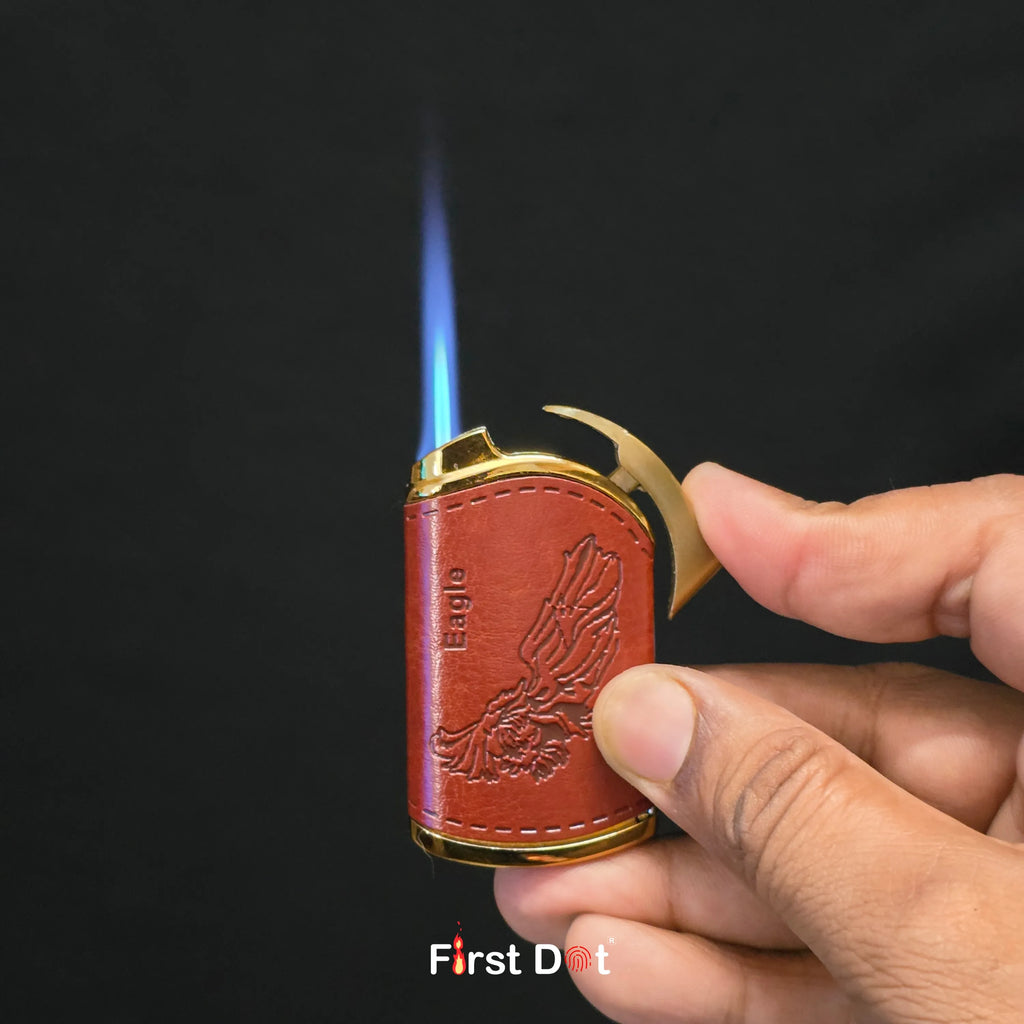 First Dot Leather Blue Jet Flame Windproof Cigarette Lighter