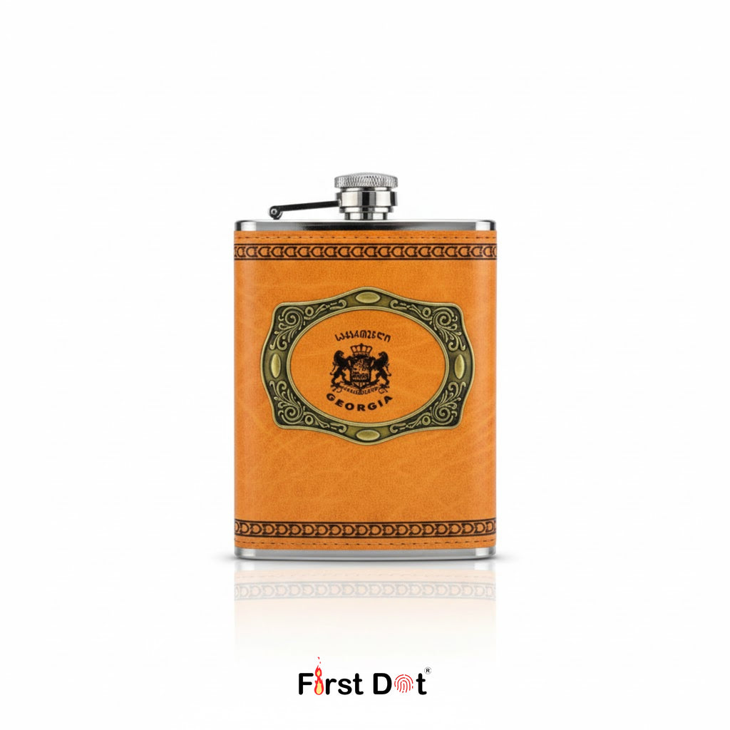 Vintage Style Leather Hip Flask with Stainless Steel Body 8oz