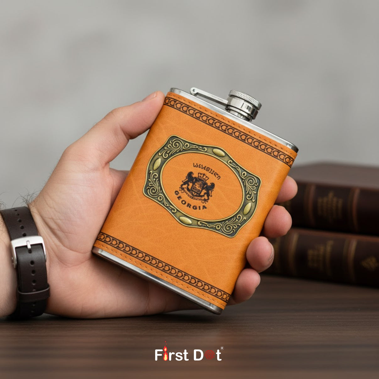 Vintage Style Leather Hip Flask with Stainless Steel Body 8oz – First Dot