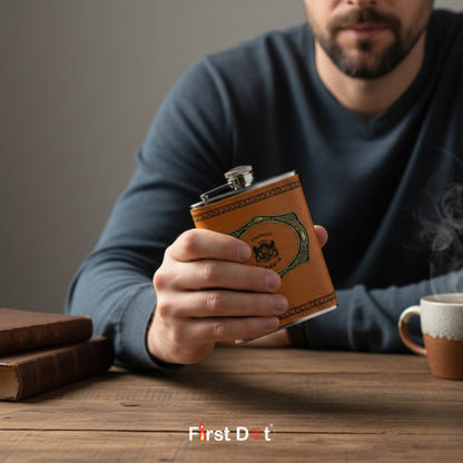 Vintage Style Leather Hip Flask with Stainless Steel Body 8oz