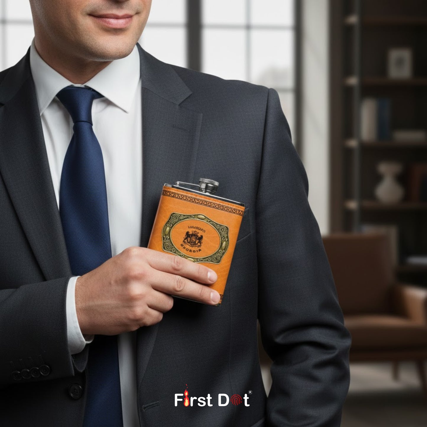 Vintage Style Leather Hip Flask with Stainless Steel Body 8oz