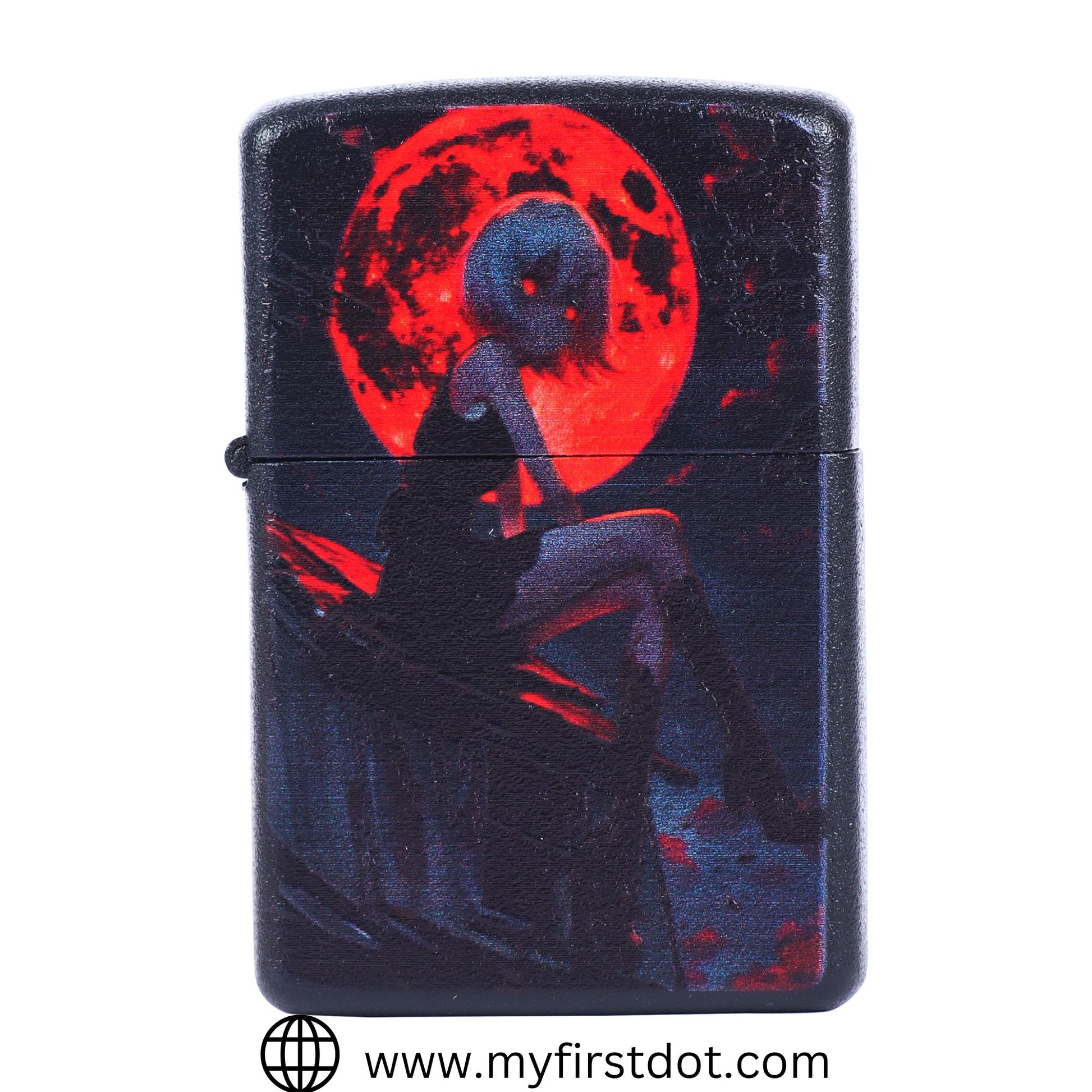 A black metal cigarette lighter with a red moon and a girl's printed graphic design on the front.