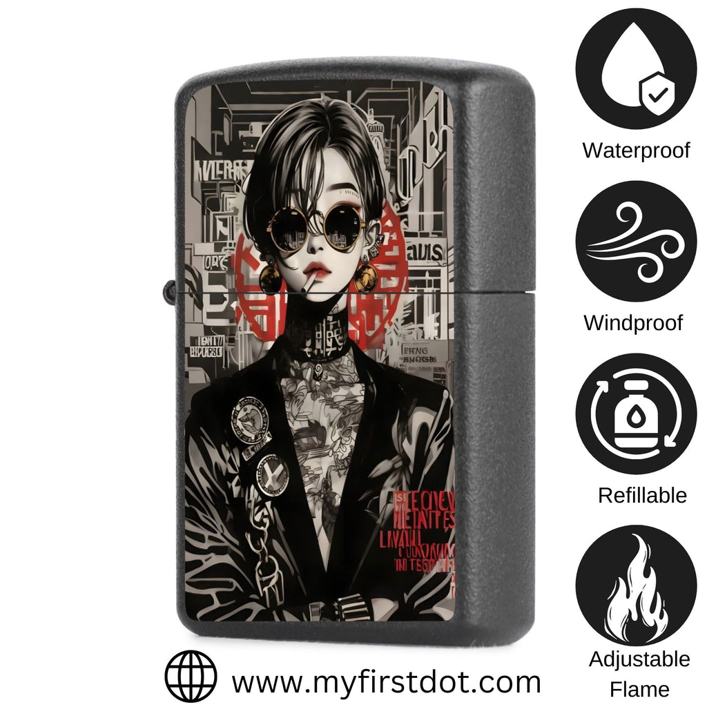 Zippo lighters with a stylized portrait design on a white background
