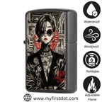 Zippo lighters with a stylized portrait design on a white background