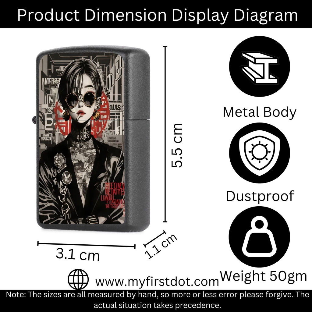 Product dimension display diagram of a zippo lighter with artistic design, measurements, and features.