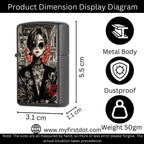 Product dimension display diagram of a zippo lighter with artistic design, measurements, and features.