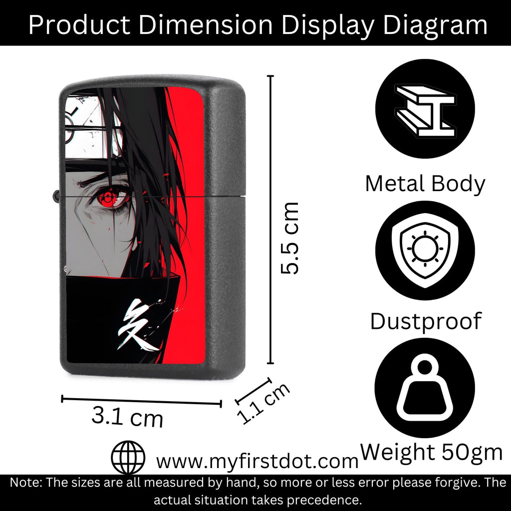 Product dimension display diagram of a lighter with anime design, features, and specifications.