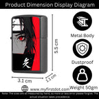 Product dimension display diagram of a lighter with anime design, features, and specifications.