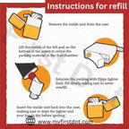Instructions for refilling a Zippo lighter with illustrations and text.