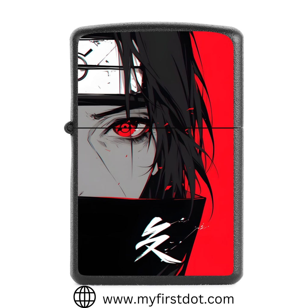 A black cigarette lighter featuring a bold graphic print of a character with red eyes on a red background.