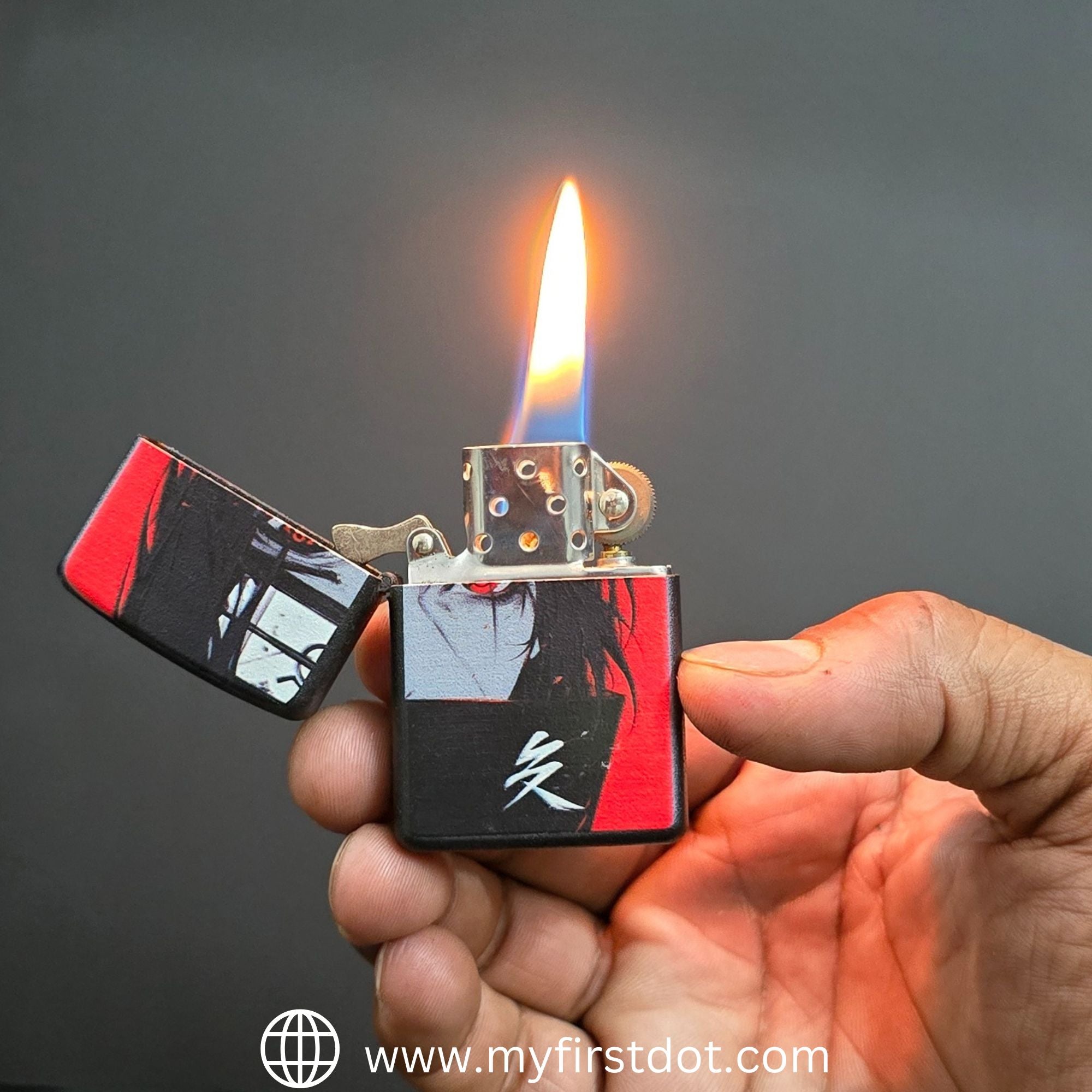 Hand holding a Zippo lighter with a flame against a dark background