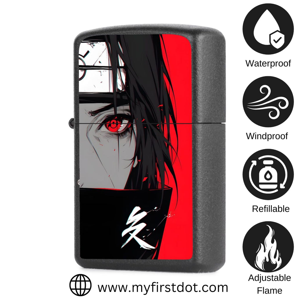 Lighter with anime-style design featuring a character with red eyes and black hair, alongside product features and brand information.