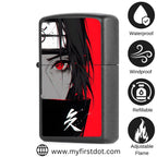 Lighter with anime-style design featuring a character with red eyes and black hair, alongside product features and brand information.