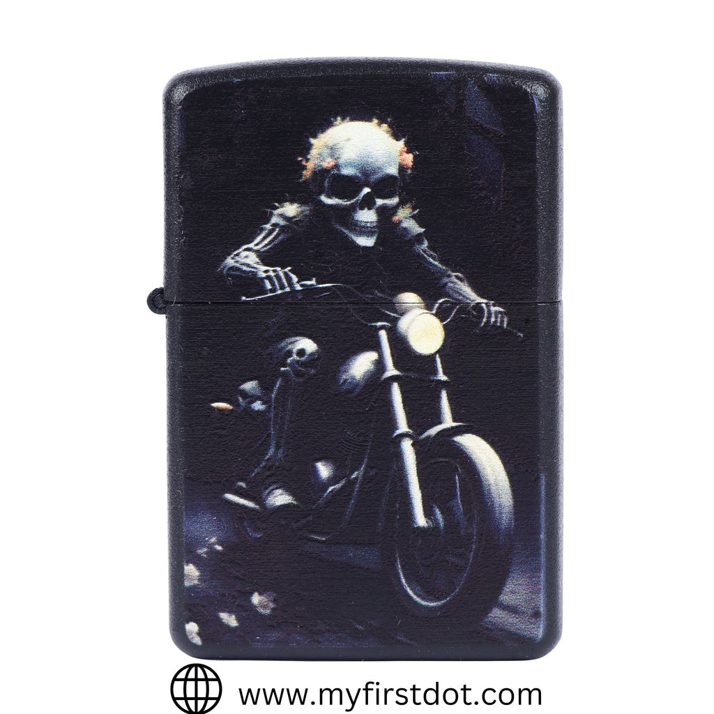A black metal cigarette lighter with a printed graphic of a skull riding a motorbike on the front.