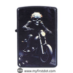 A black metal cigarette lighter with a printed graphic of a skull riding a motorbike on the front.