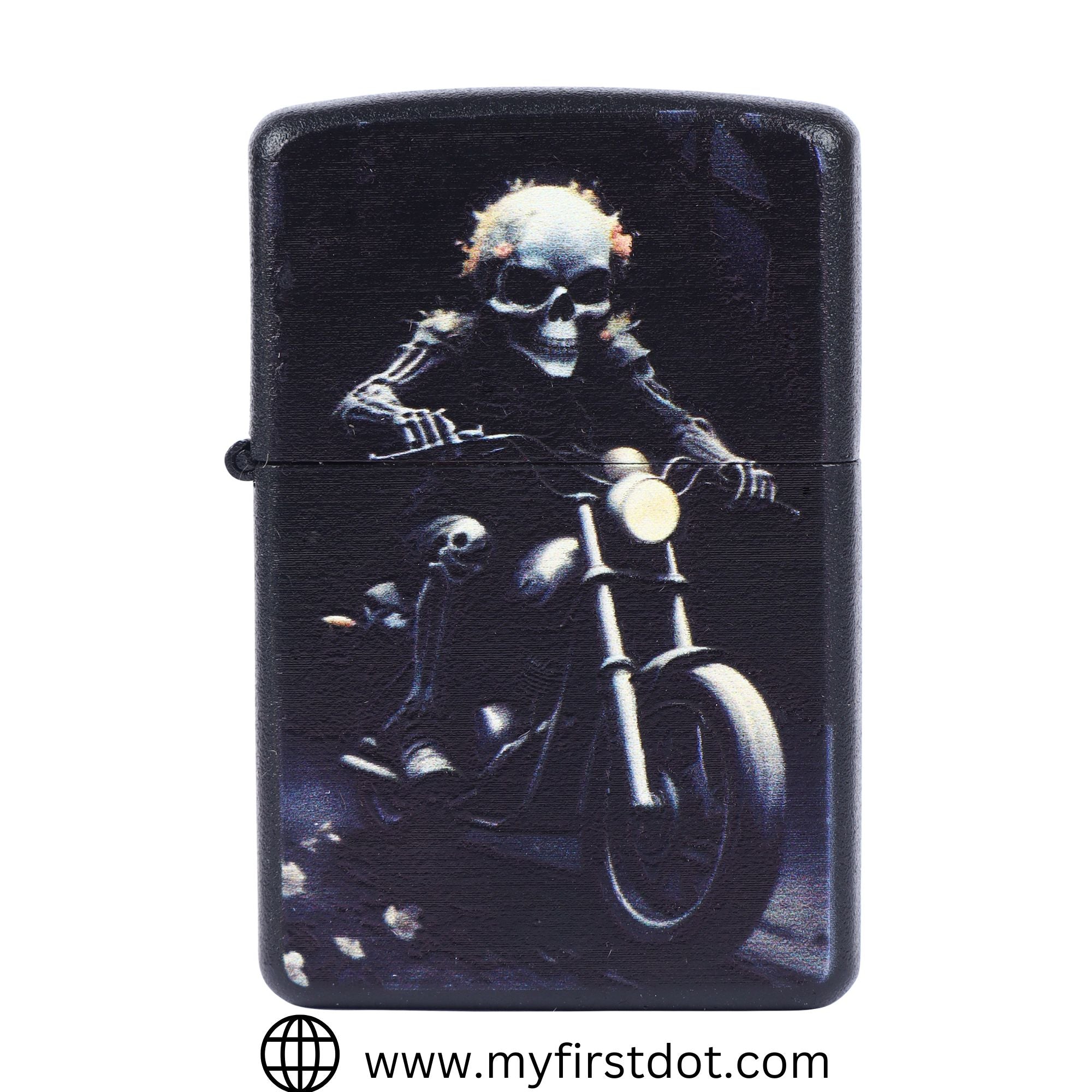 A black metal cigarette lighter with a printed graphic of a skull riding a motorbike on the front.
