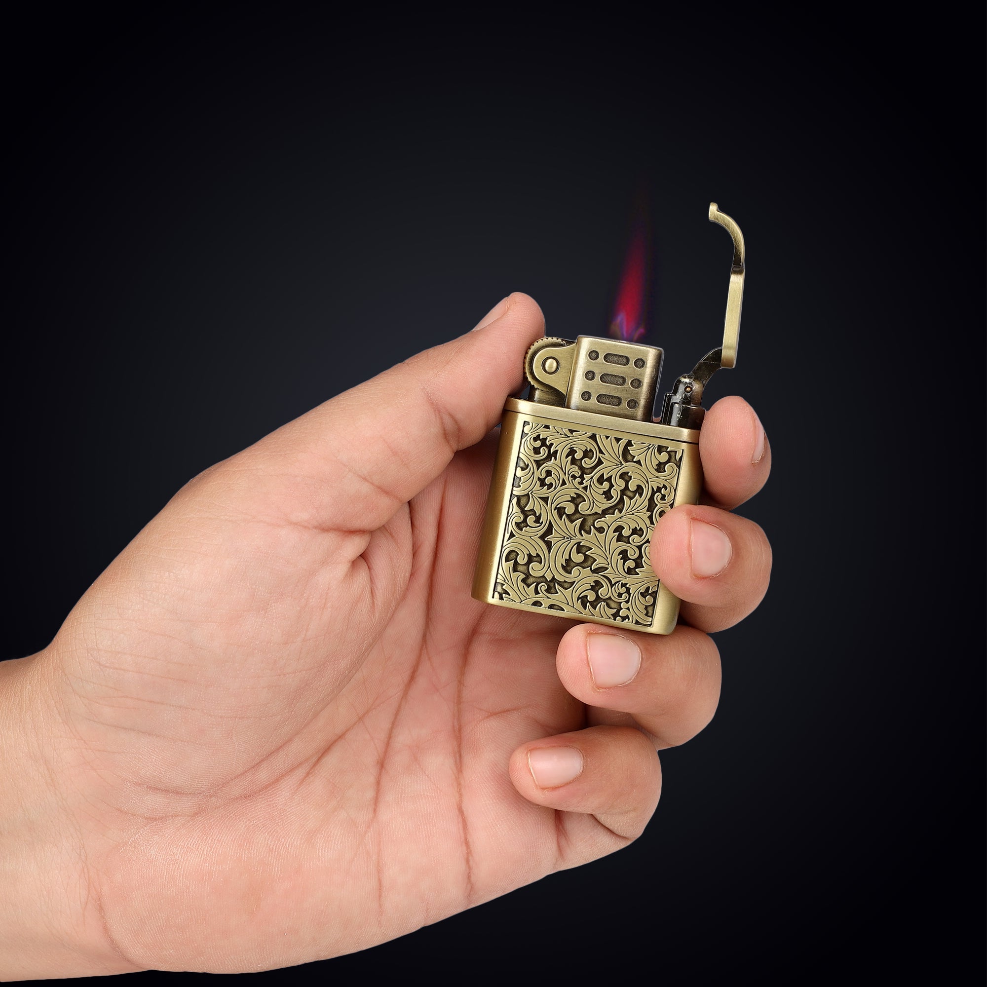 Refillable metal cigarette lighter with soft flame on white background