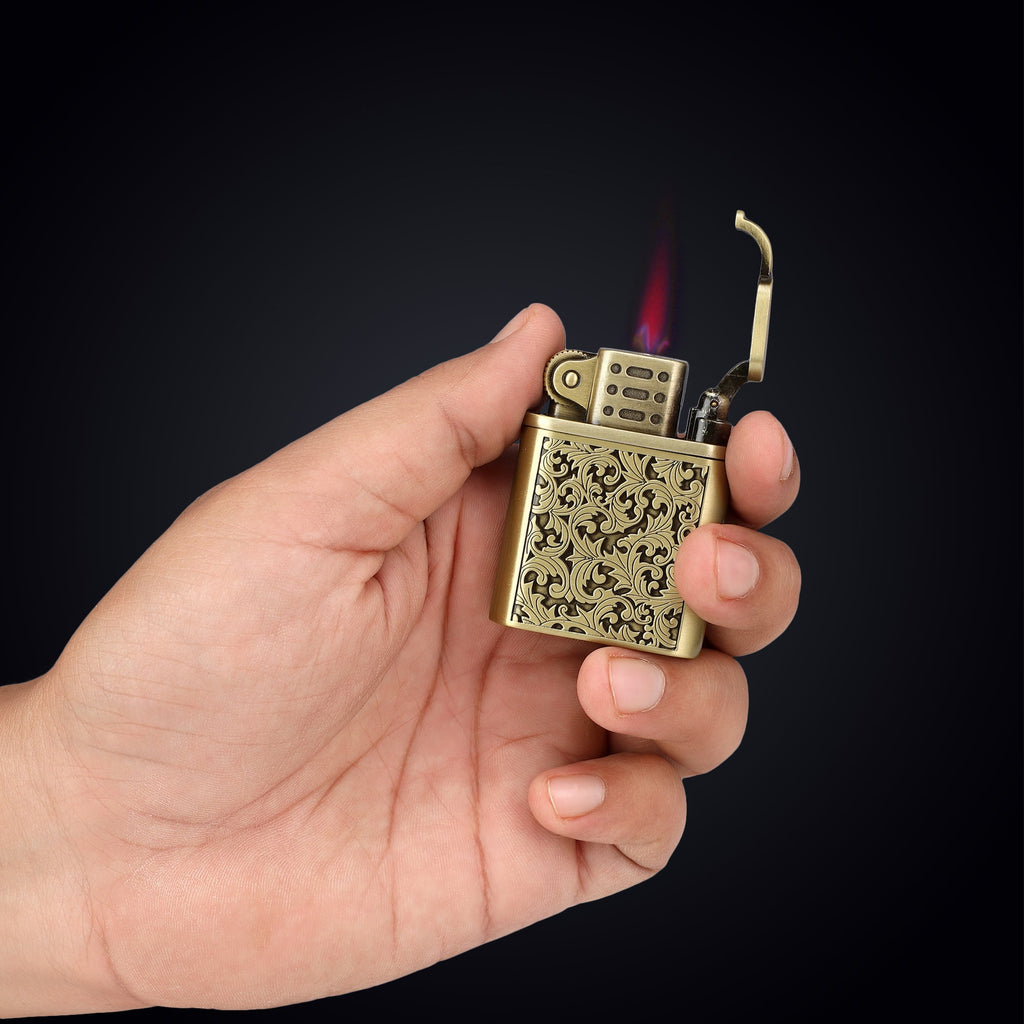 Refillable metal cigarette lighter with soft flame on white background