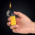 A person's hand holding a yellow and blue butane lighter with a flexible neck.