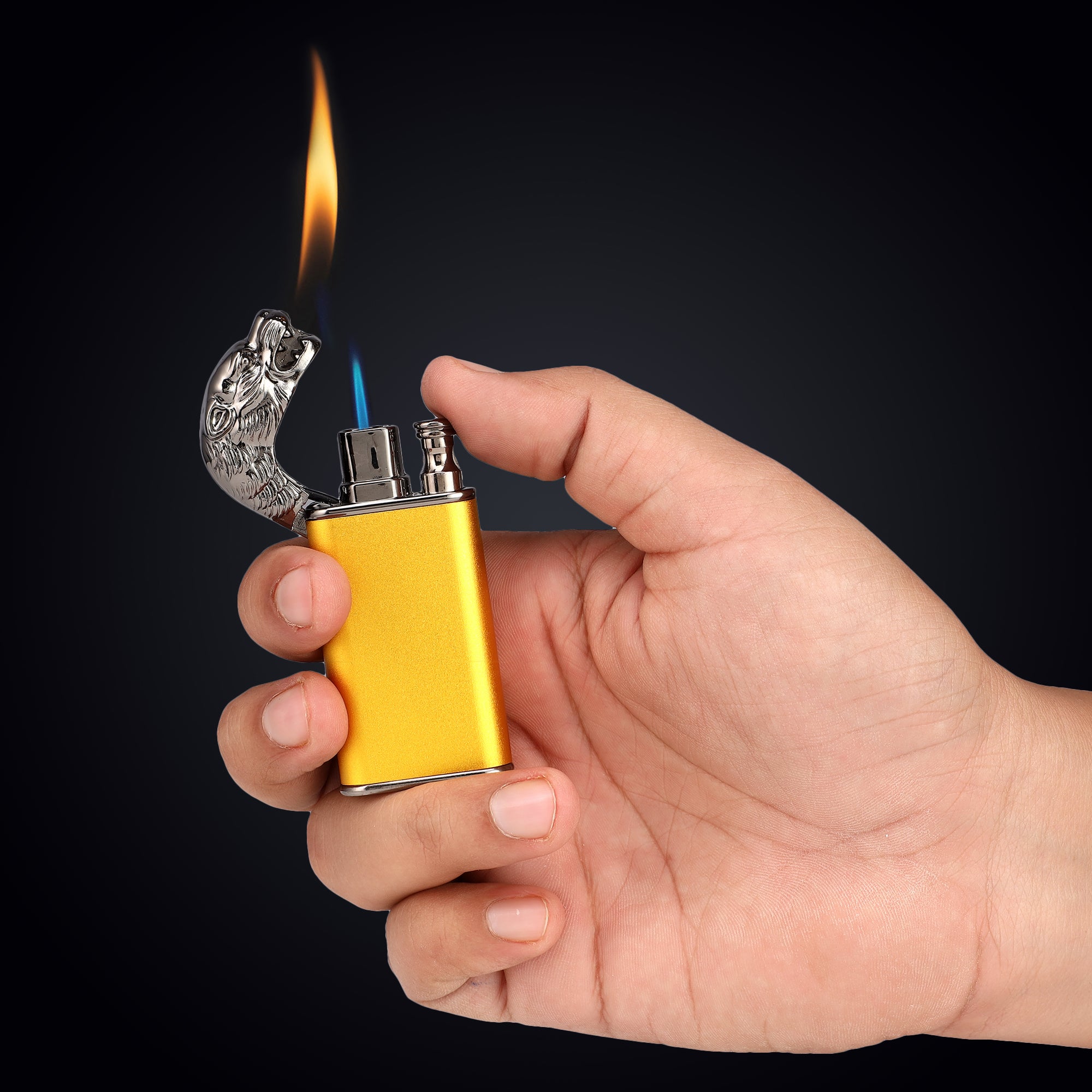 A person's hand holding a yellow and blue butane lighter with a flexible neck.