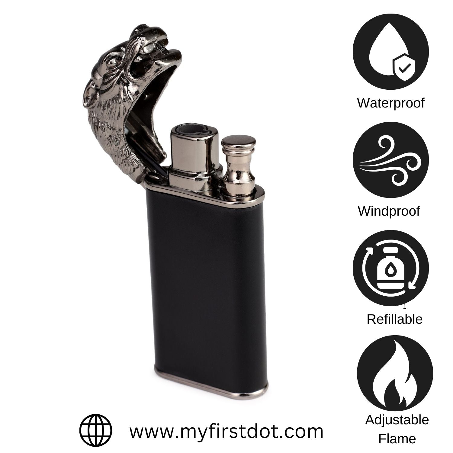 Stylish soft flame lighter with tiger head detail – refillable and reusable.