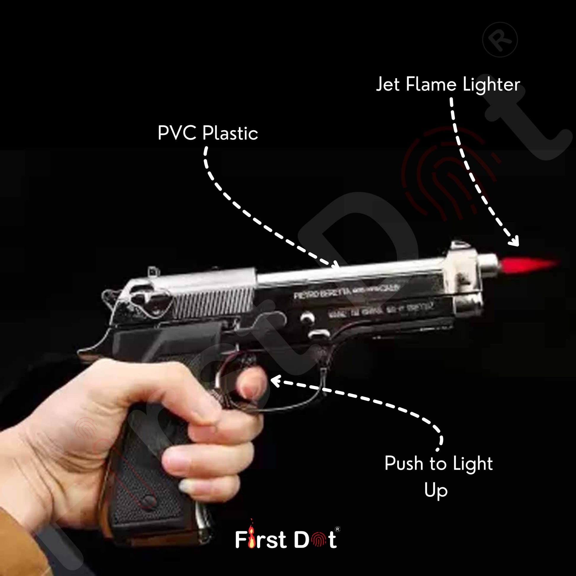 Hand holding a gun-shaped lighter with labeled components on a black background