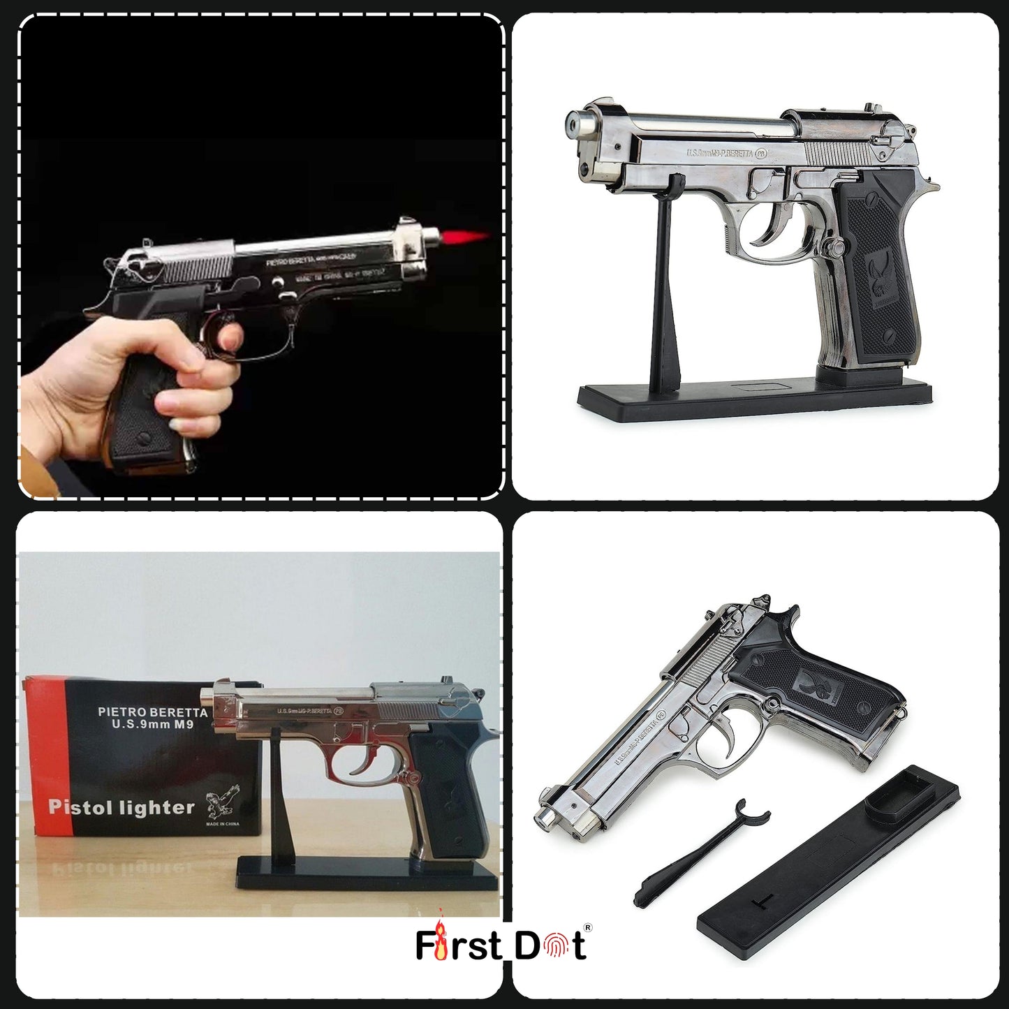 Collage of a gun-shaped lighter with various views and accessories.