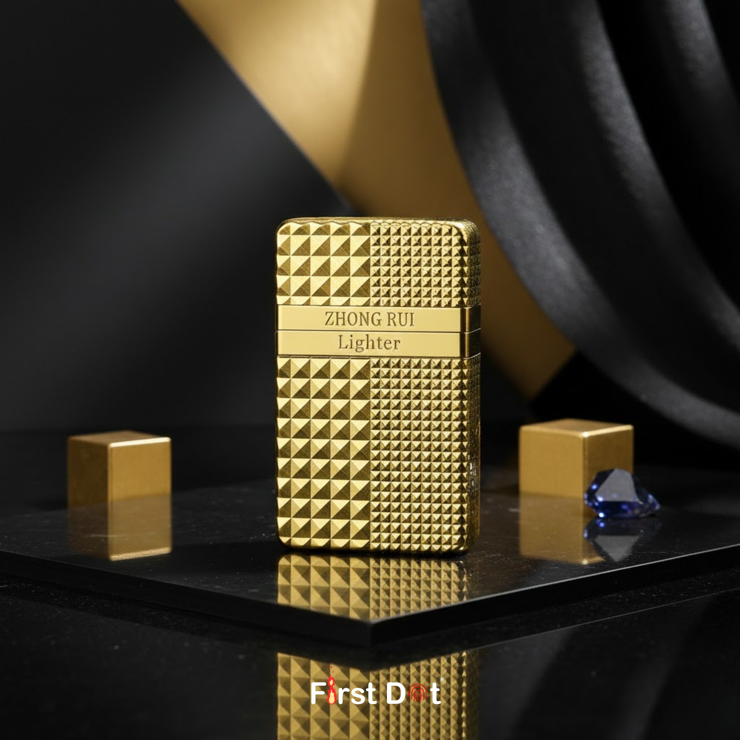 Gold lighter with textured surface on a reflective black surface Gold Diamond Cut Cigarette Lighter