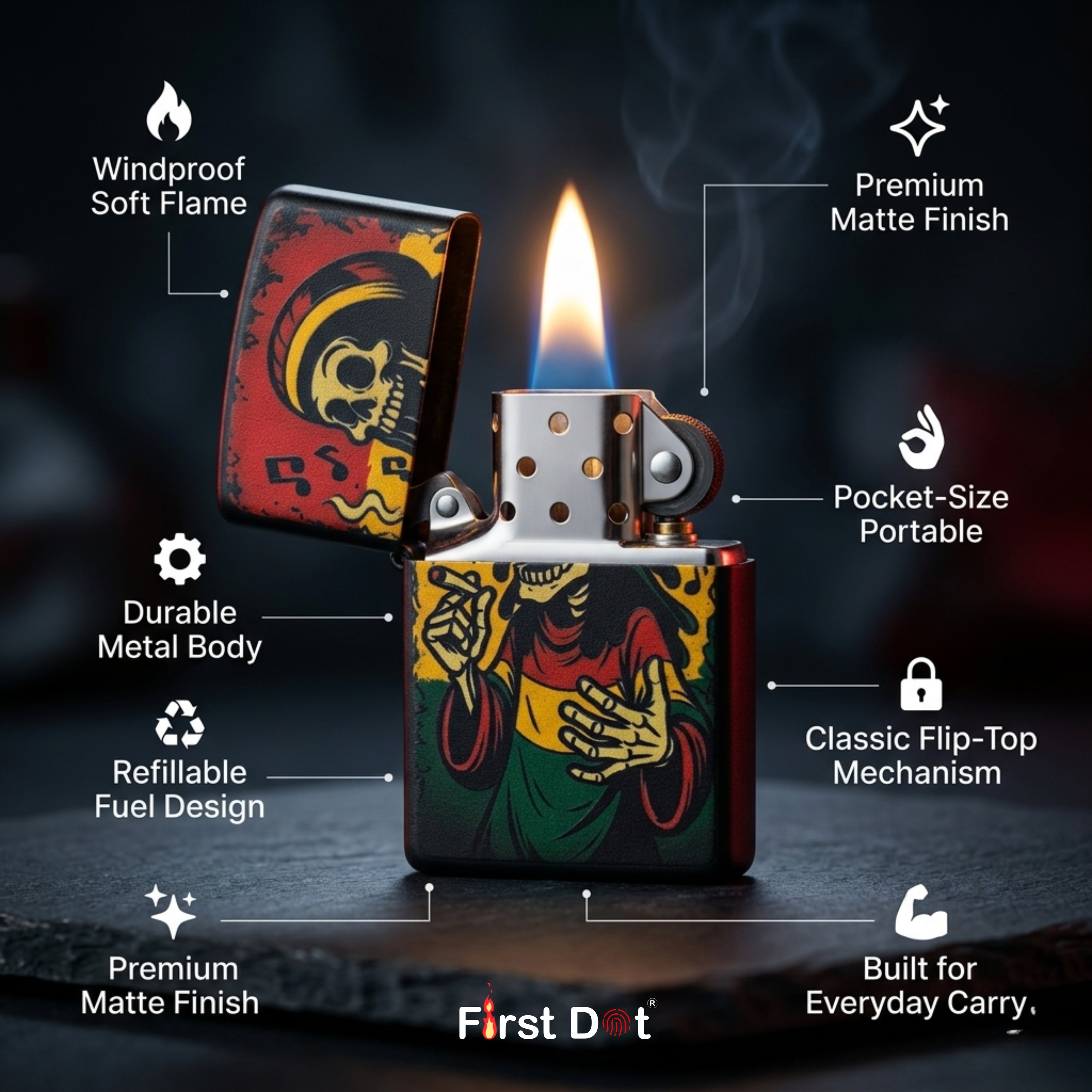 First Dot Music Man Rastafarian Skull Windproof Pocket Lighter