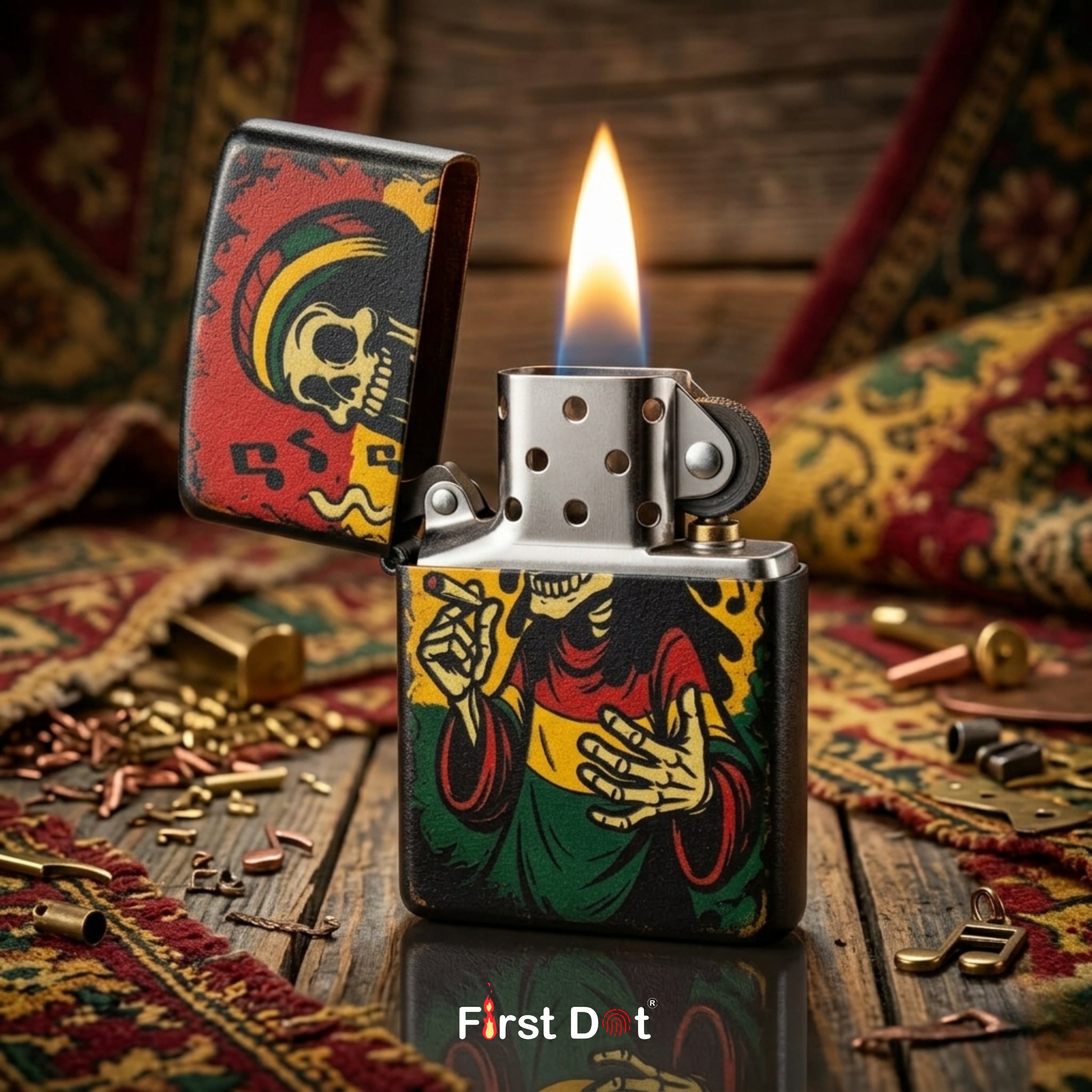 First Dot Music Man Rastafarian Skull Windproof Pocket Lighter