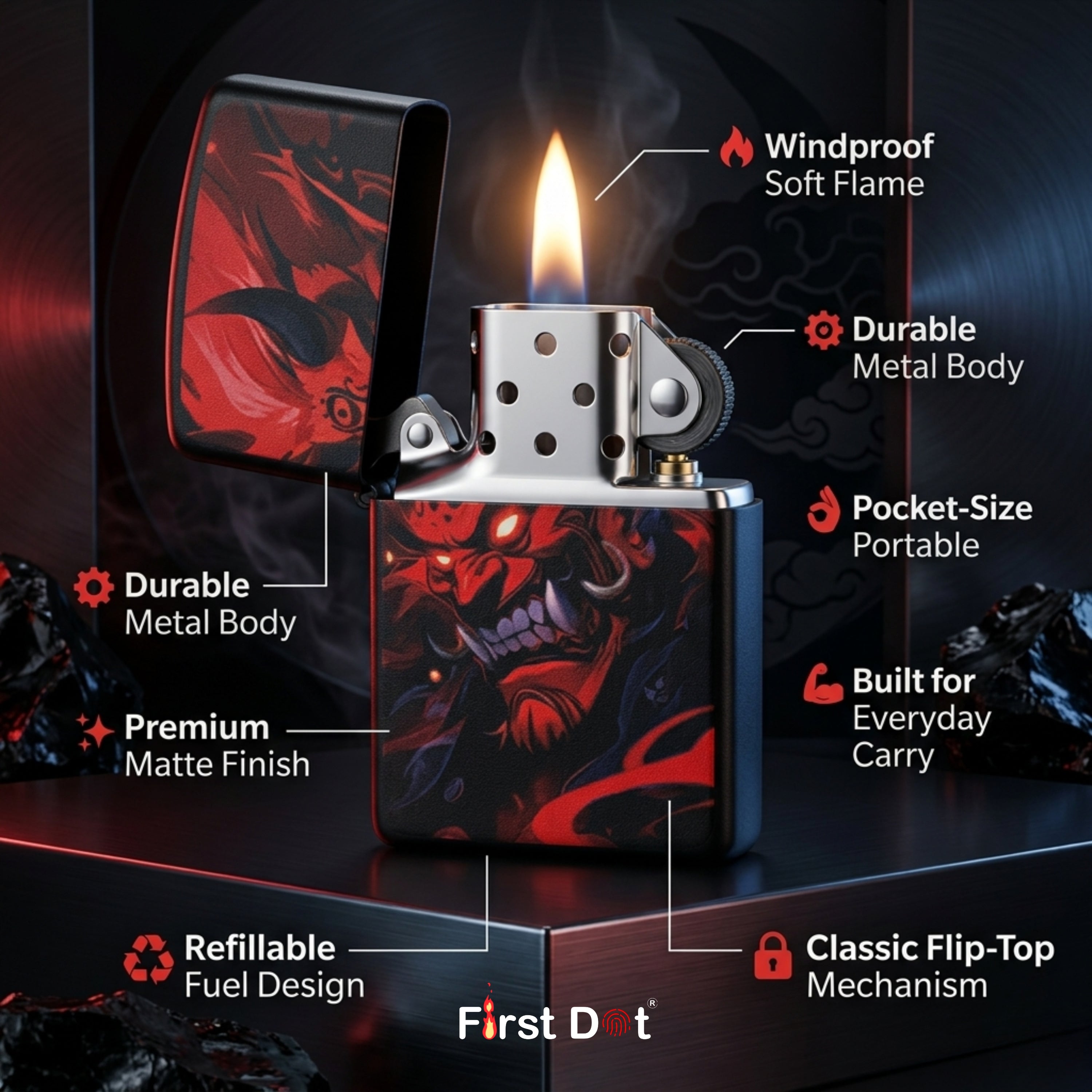 First Dot Oni Demon Japanese Folklore Art Windproof Cigarette Lighter