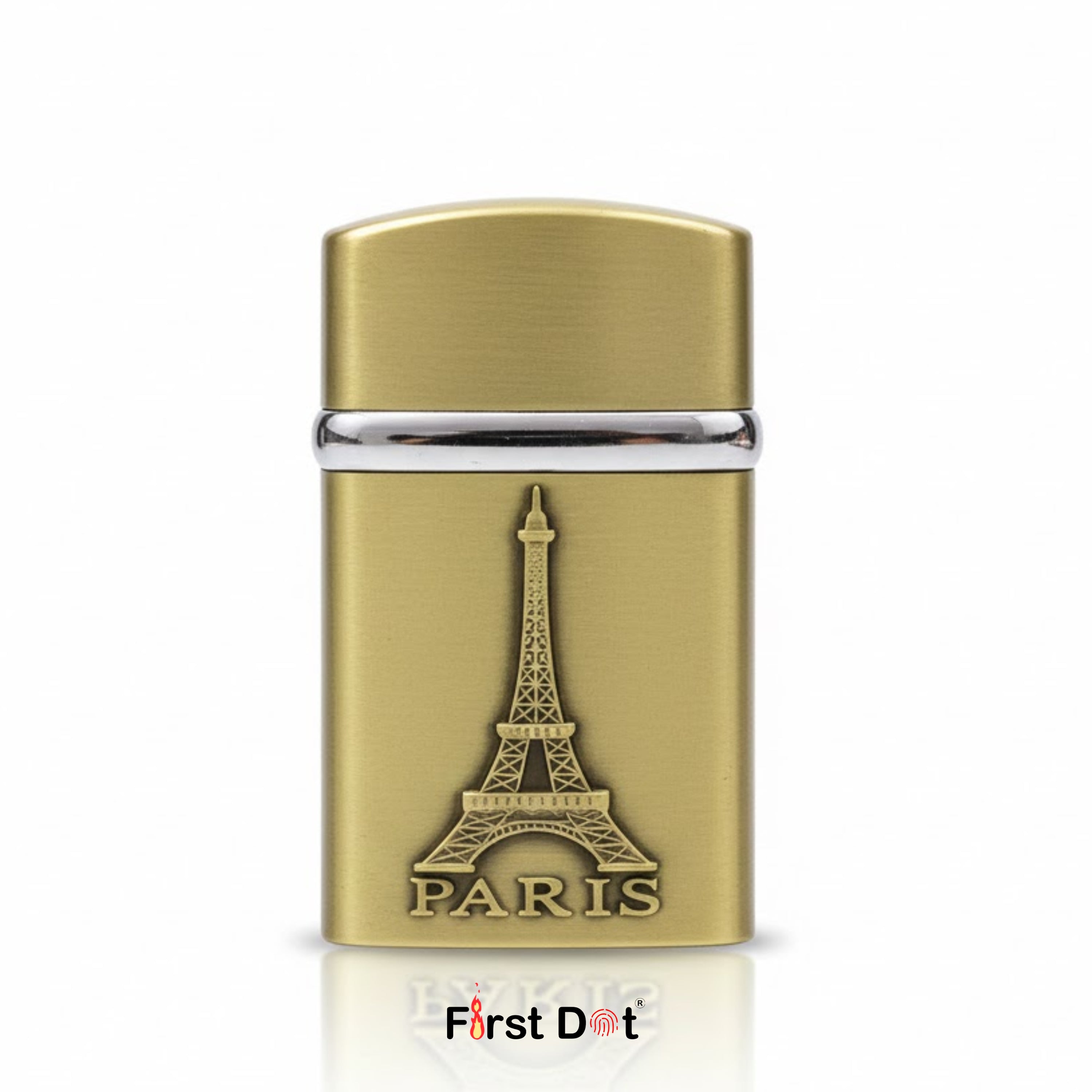 Gold lighter with Eiffel Tower design on a white background