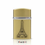 Gold lighter with Eiffel Tower design on a white background