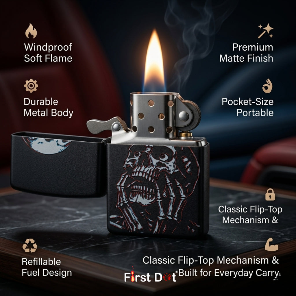First Dot Gothic Skull Art Windproof Cigarette Lighter