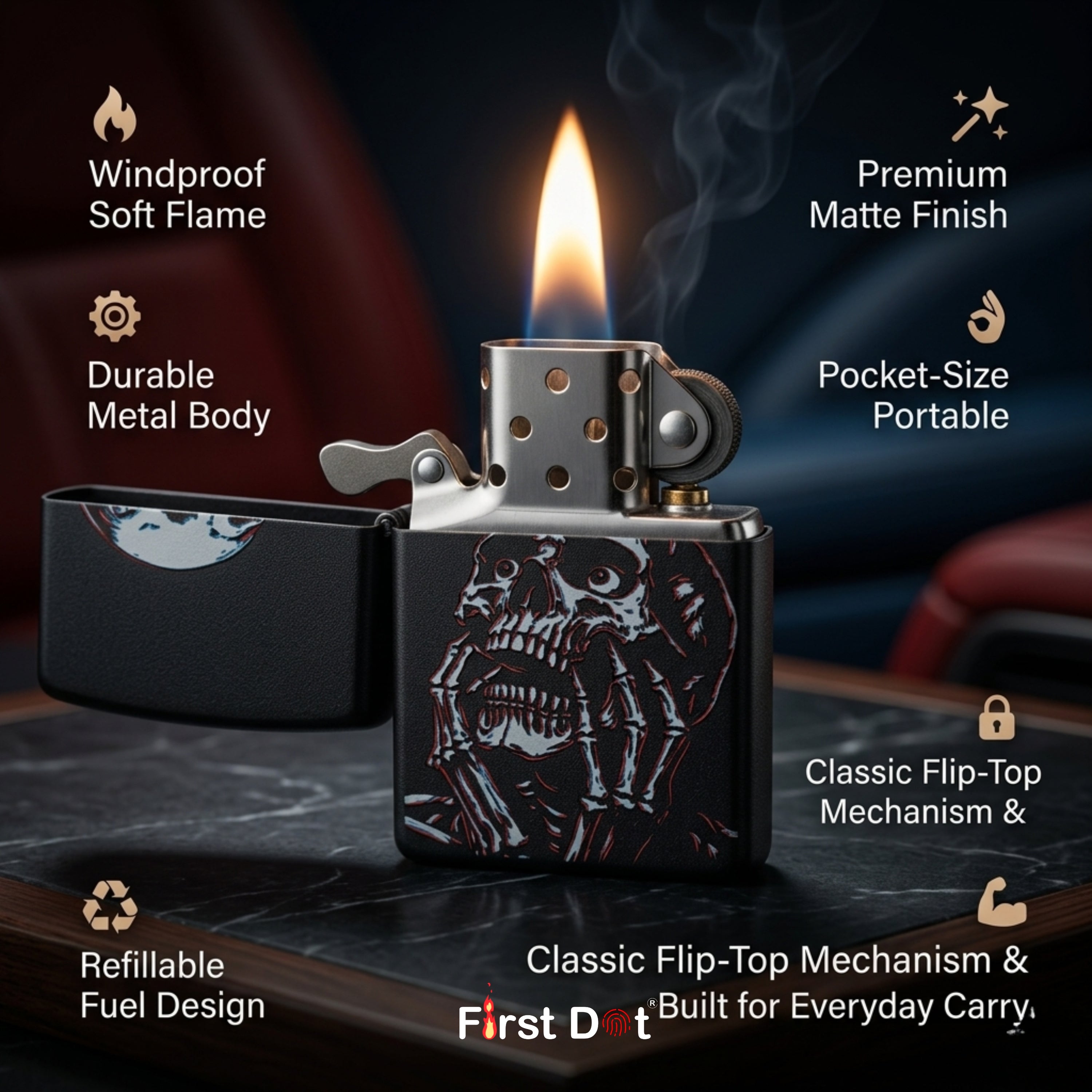 First Dot Gothic Skull Art Windproof Cigarette Lighter