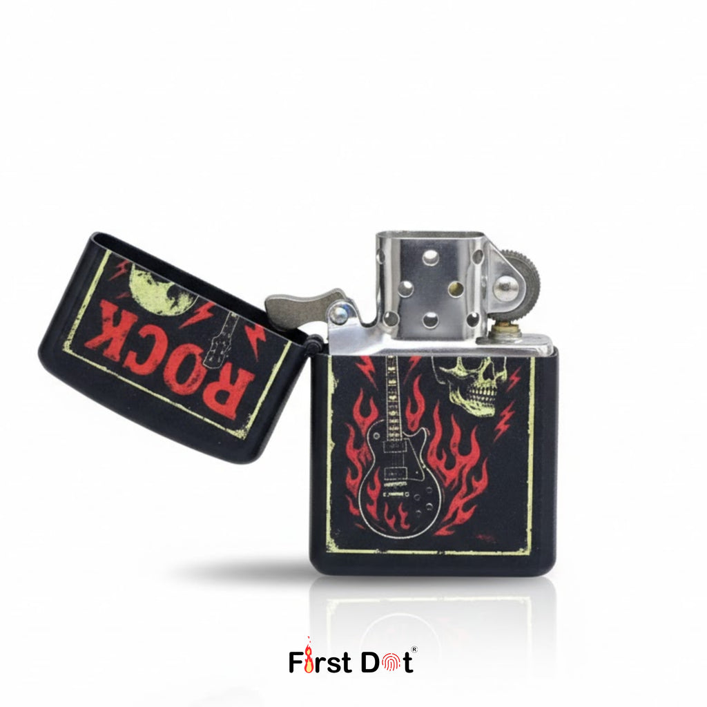Zippo lighters with rock-themed design on a white background